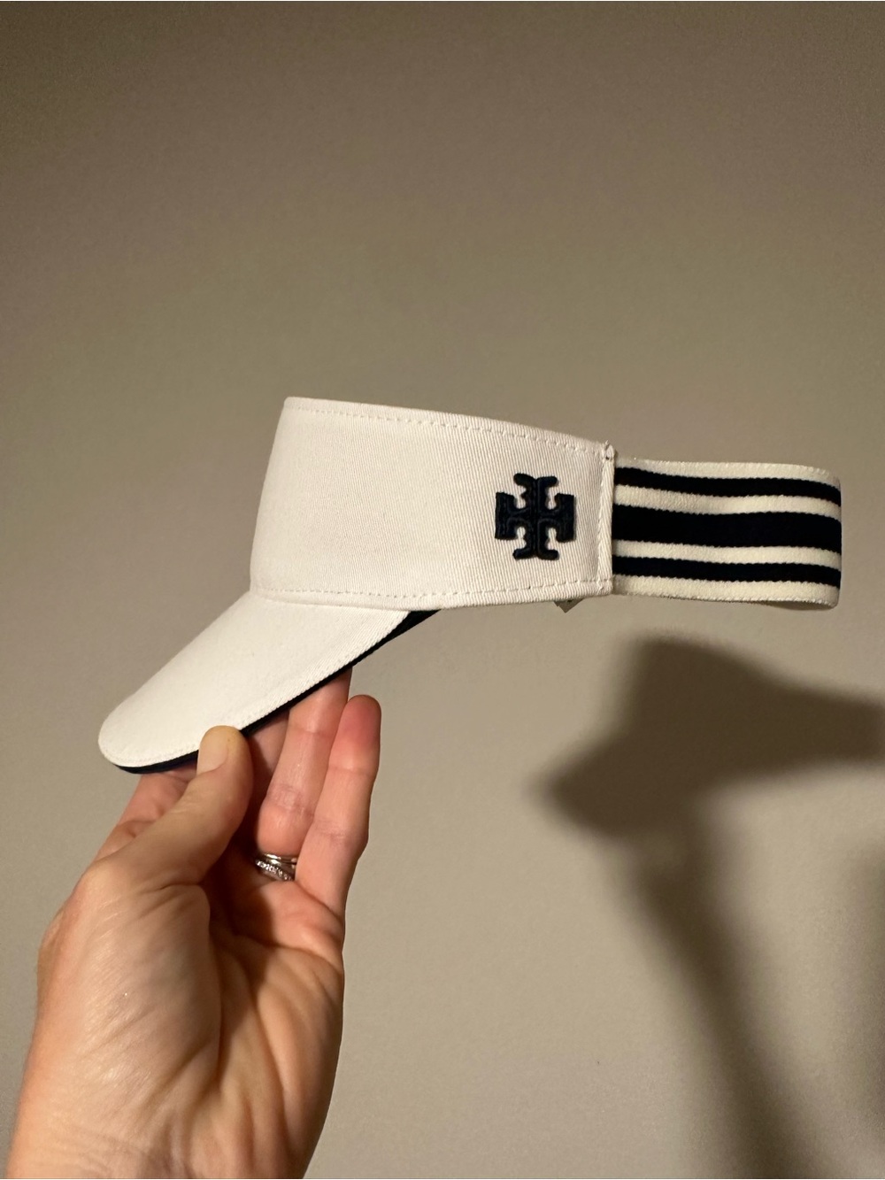 Tory Burch White Visor with Black Logo and Striped Band